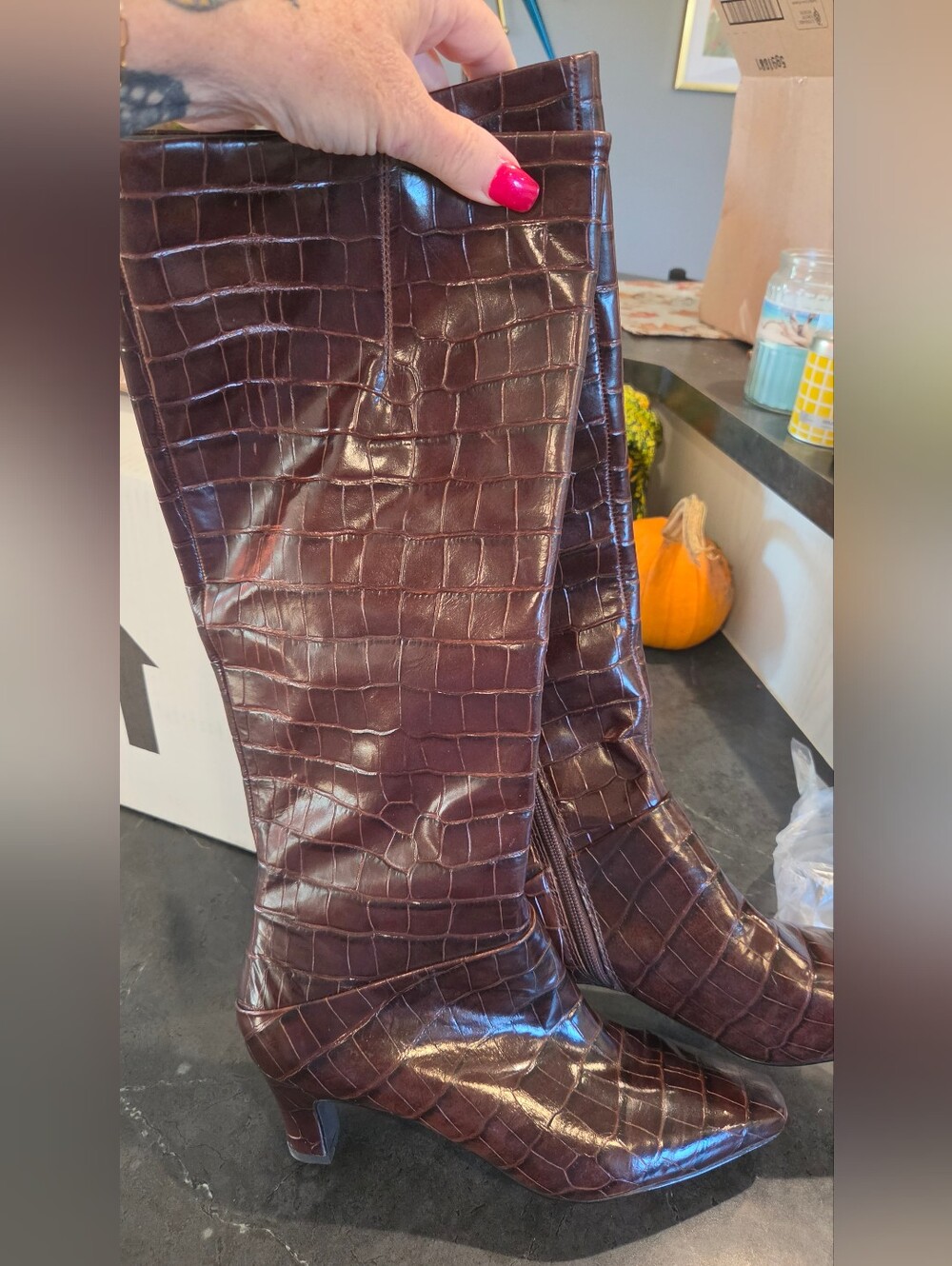 SARTO By Franco Sarto Croc-Embossed Knee-High Heeled Boots - Deep Brown